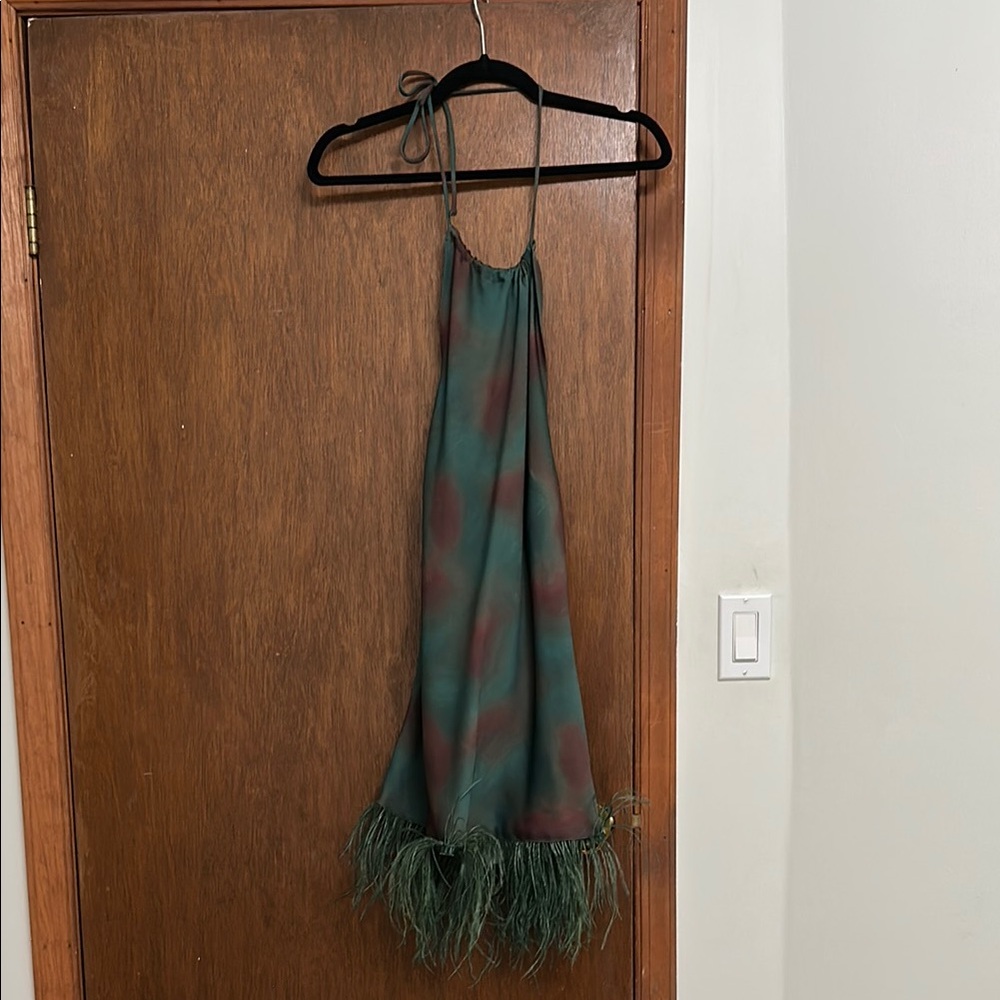 WeWoreWhat Green and Brown Feather Hem Dress